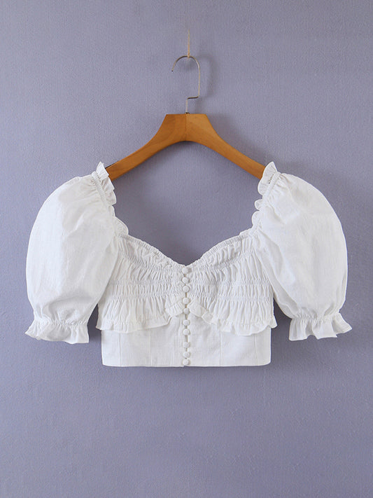 Women's French Square Neck Puff Sleeve Buttoned Short Top