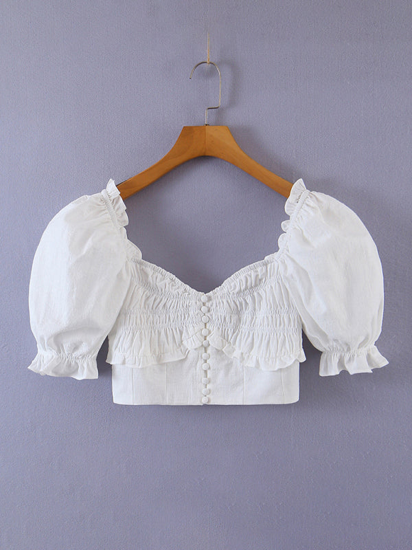 Women's French Square Neck Puff Sleeve Buttoned Short Top