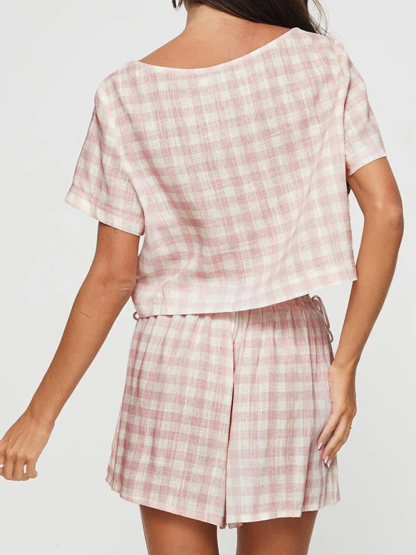 Pink Plaid Bow Tie Top Breasted Button Shorts Casual Set