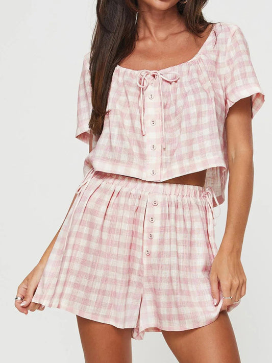Pink Plaid Bow Tie Top Breasted Button Shorts Casual Set