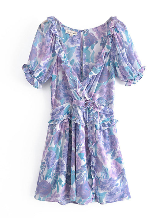 Women's Floral Print Puff Sleeve High Waist Fungus Side Cut Dress