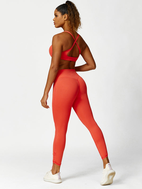 Drawstring yoga wear breathable solid color running tights