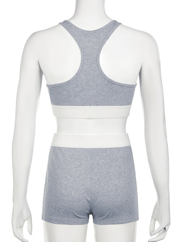 Women's Color Blocked Breasted Sports Vest High Waist Elastic Slim Yoga Set