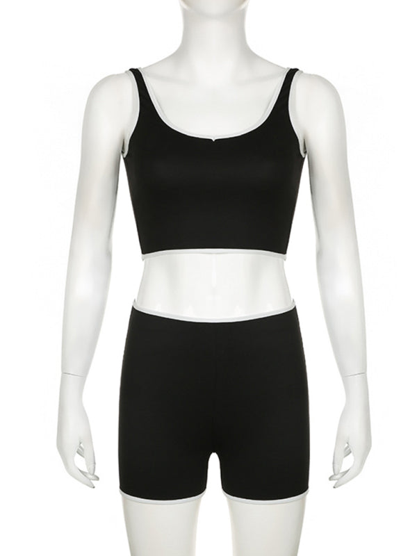 Casual sports contrasting color hemmed U-neck vest + shorts fitness yoga two-piece set