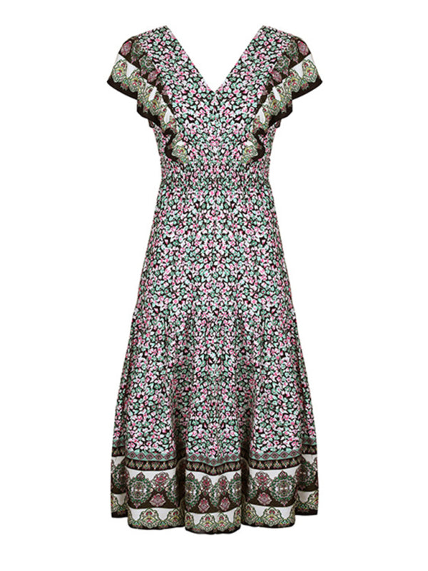 Women's ruffled v-neck temperament printed dress