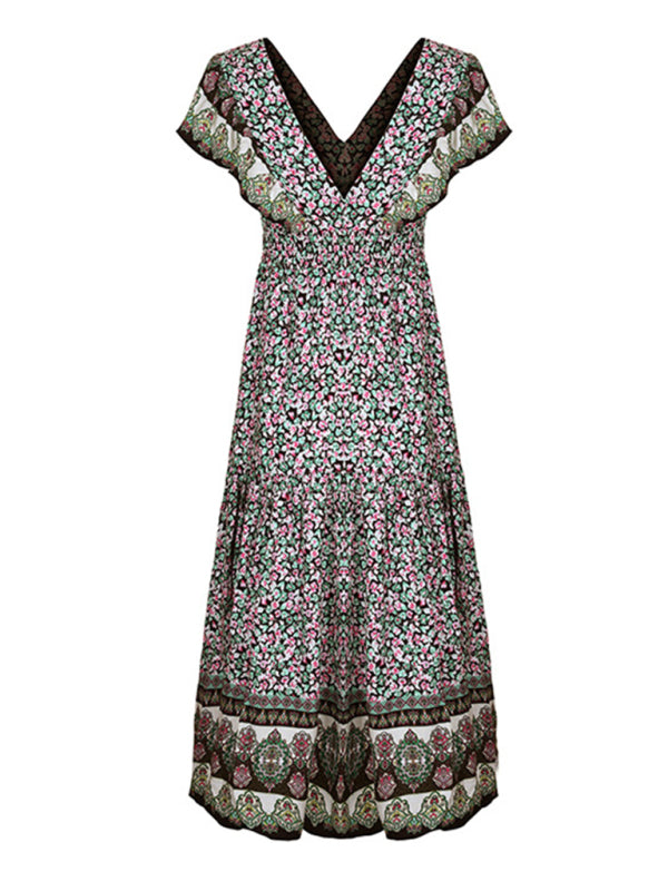 Women's ruffled v-neck temperament printed dress