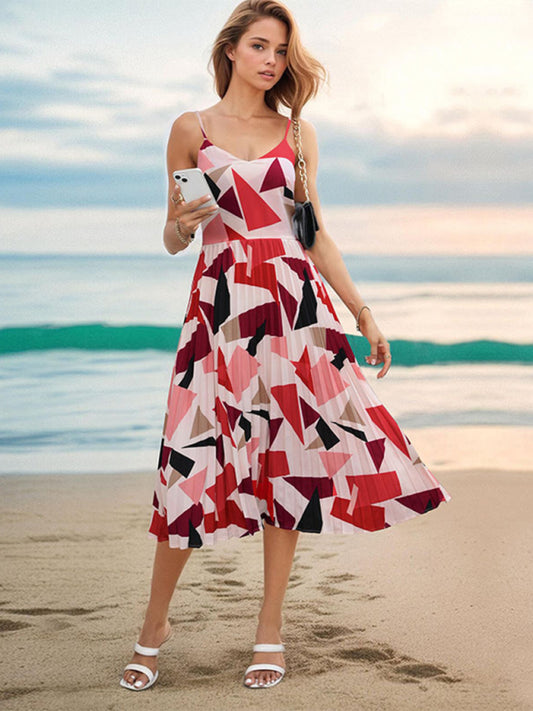 Women's Sling Holiday Geometric Print A-Line Midi Dress