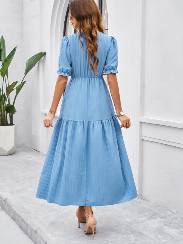 Solid color temperament V-neck short-sleeved long dress