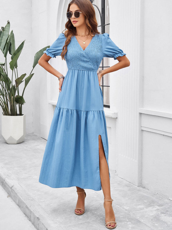 Solid color temperament V-neck short-sleeved long dress