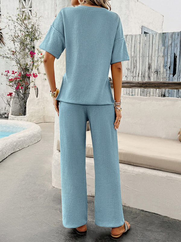 Casual solid color knitted short-sleeved trousers set