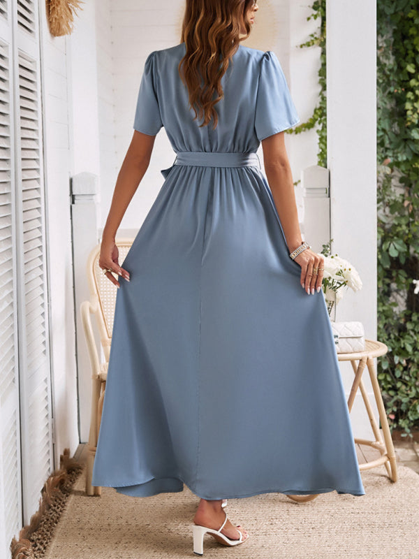 Style solid color lace-up slit dress