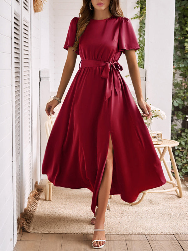 Style solid color lace-up slit dress