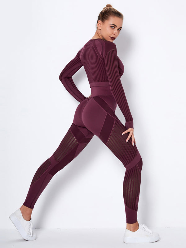 Seamless tight striped long-sleeved pants quick-drying yoga wear set