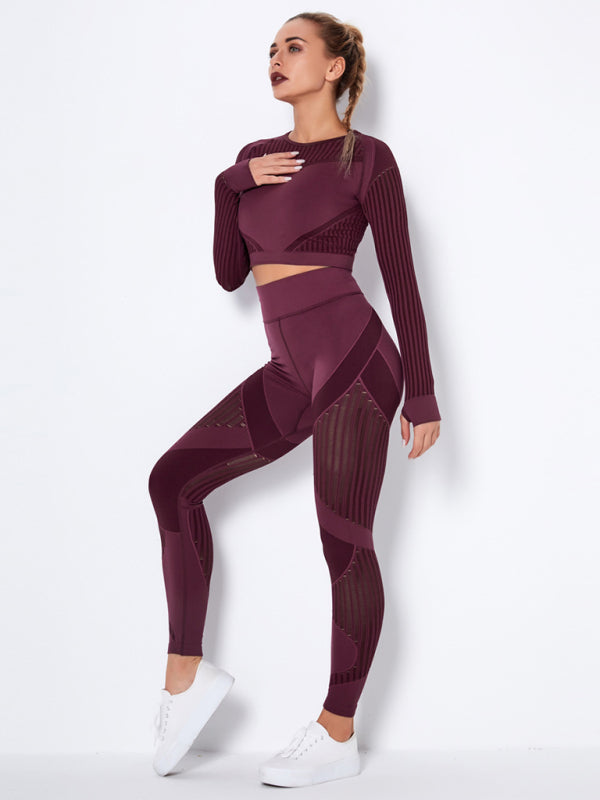 Seamless tight striped long-sleeved pants quick-drying yoga wear set