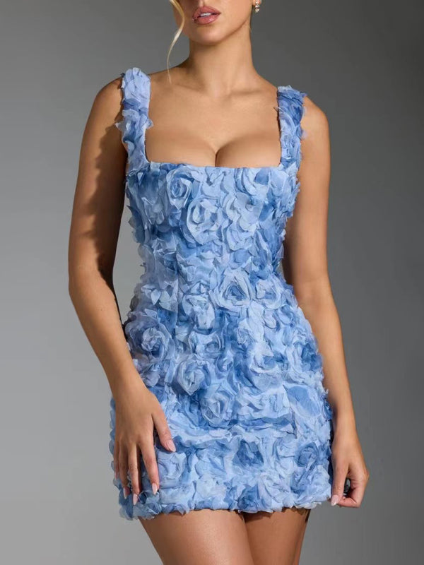 Sweet three-dimensional flower suspender dress