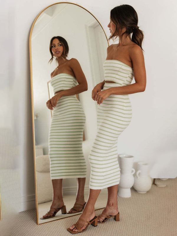 Women's one-shoulder tube top striped knitted slim fit hip-hugging dress