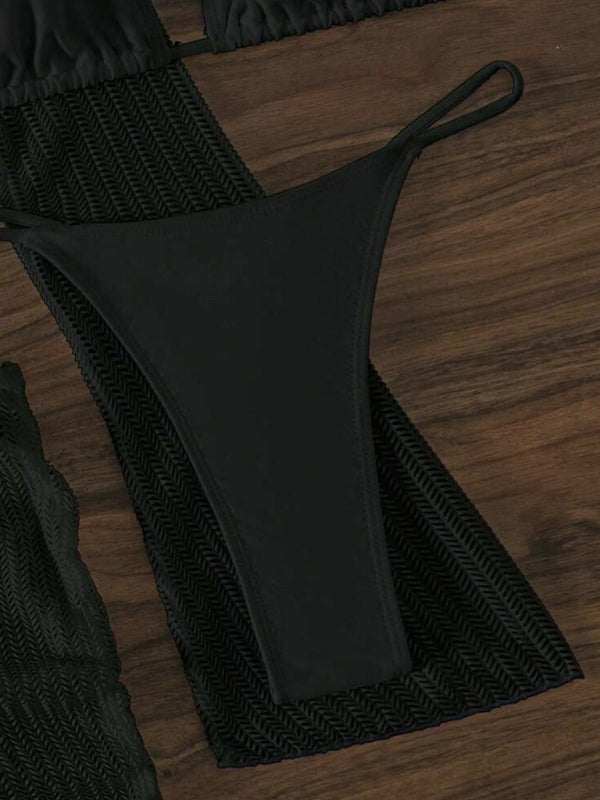 Mesh hollow drawstring swimsuit bikini three-piece set