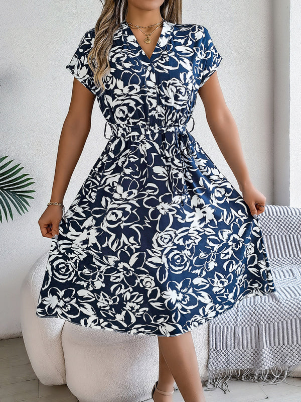 Casual V-neck button-down bat-sleeve floral dress