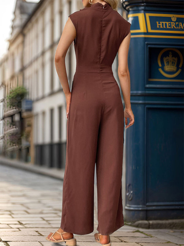 Sleeveless Solid Color Swing Collar Jumpsuit