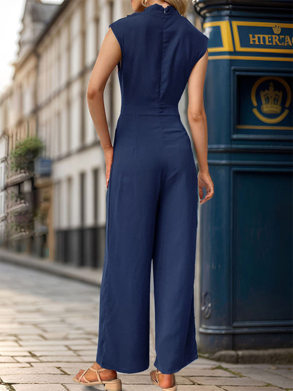 Sleeveless Solid Color Swing Collar Jumpsuit