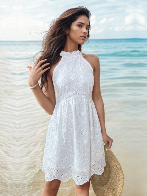 Women's casual sleeveless halterneck white dress