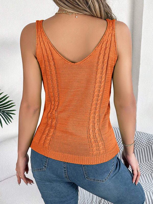 Casual solid color V-neck hollow top