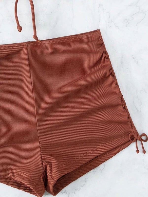 Solid color halter neck split boxer briefs bikini swimsuit