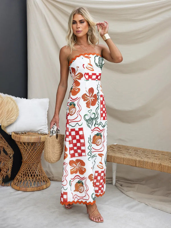 Breast-wrapped pleated casual printed dress