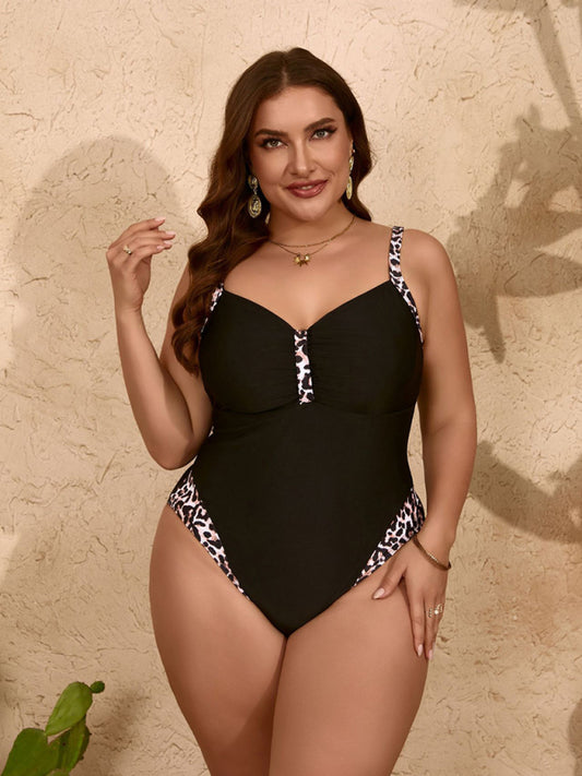 Plus size pure black leopard print one-piece swimsuit