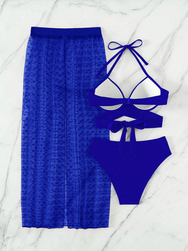 Solid color bikini mesh skirt three-piece set