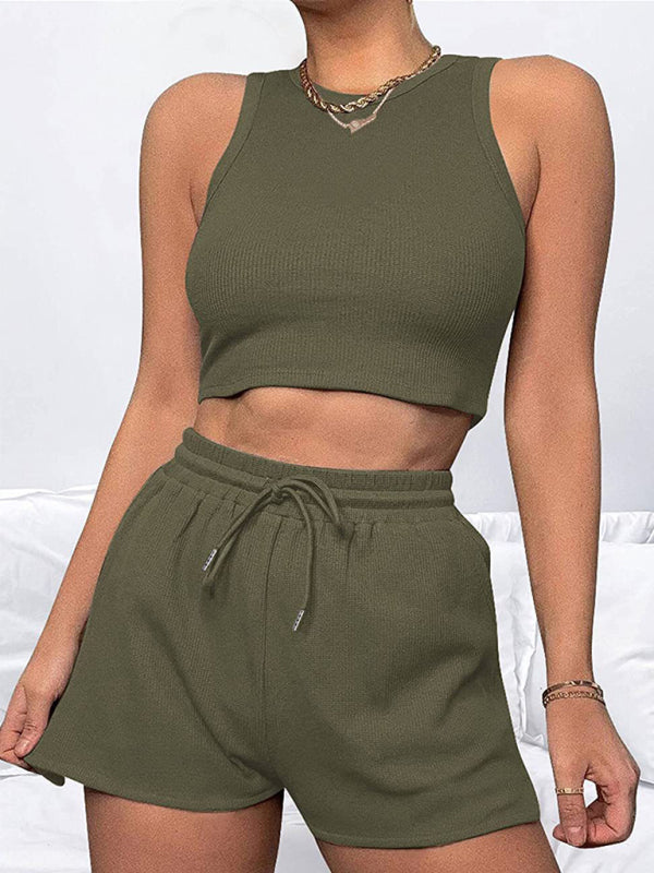 Women's loose solid color casual sleeveless shorts set