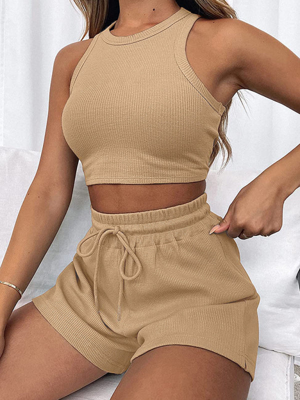 Women's loose solid color casual sleeveless shorts set