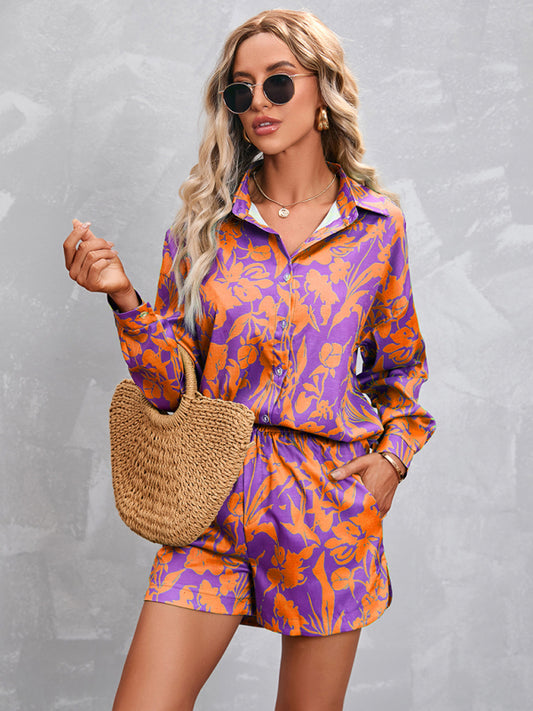 Women's Casual Long Sleeve Shorts Solid Color/Print Set