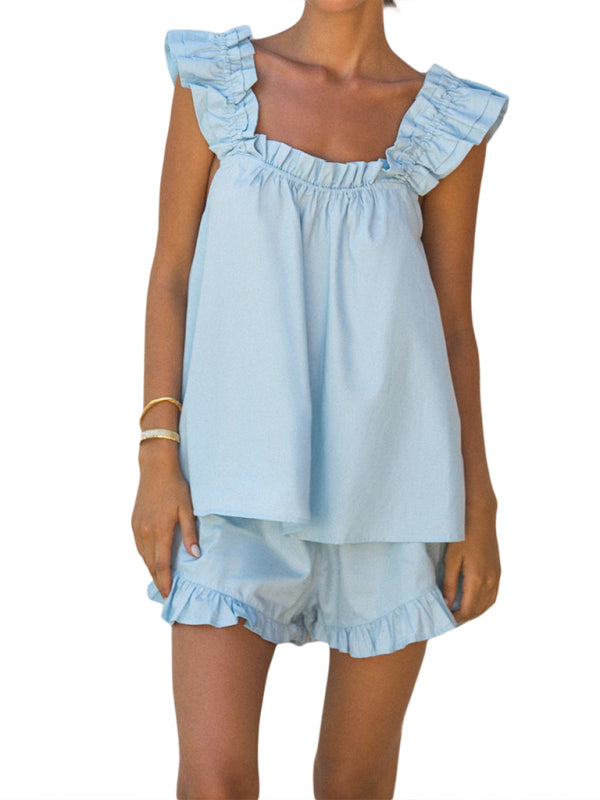 Sleeveless solid color ruffle suspender shorts home wear set