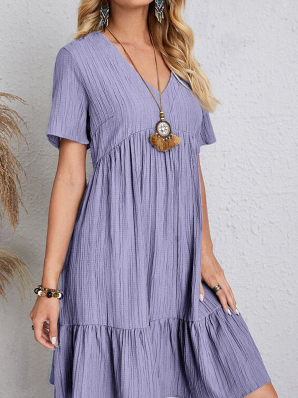 Wave Wrinkle Breathable Loose Hem V-neck Short Sleeve Splicing Solid Color Dress