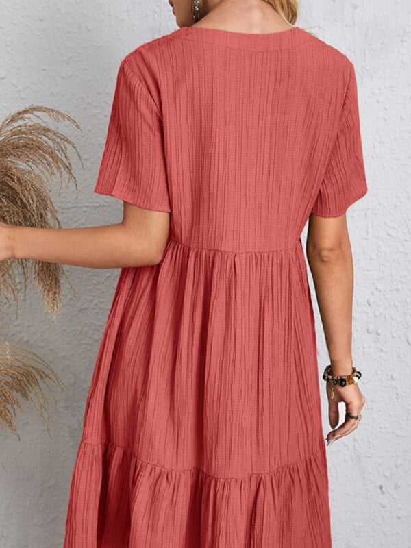 Wave Wrinkle Breathable Loose Hem V-neck Short Sleeve Splicing Solid Color Dress