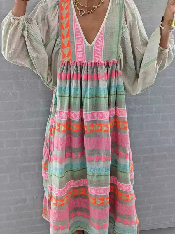 Deep V-neck loose puff sleeve colorful casual dress