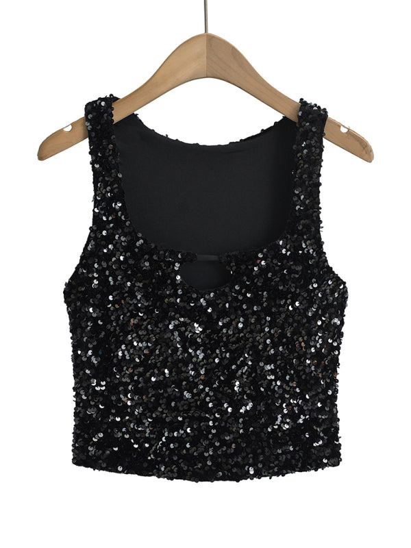 Casual Sequined Square Neck Hollow Navel Top