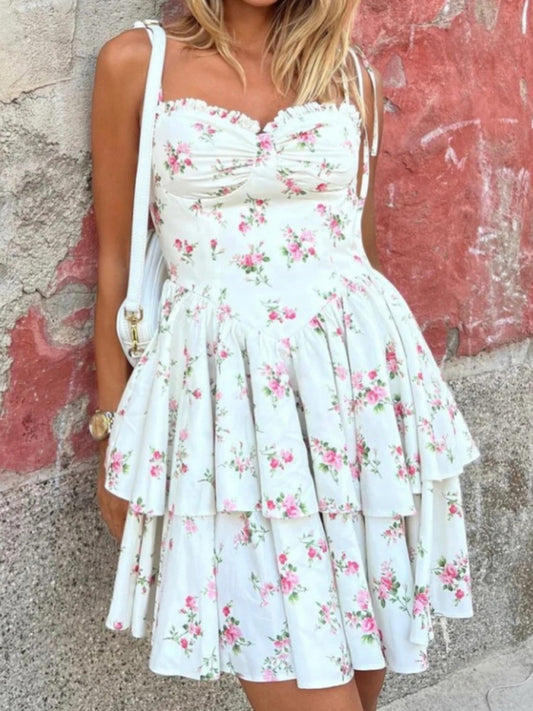 Lace printed lace-up layered waist suspender dress