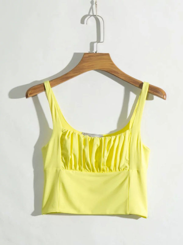 Square neck pleated slim high waisted short halter top