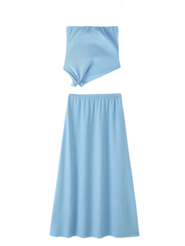 Women's tube top asymmetrical knitted skirt set