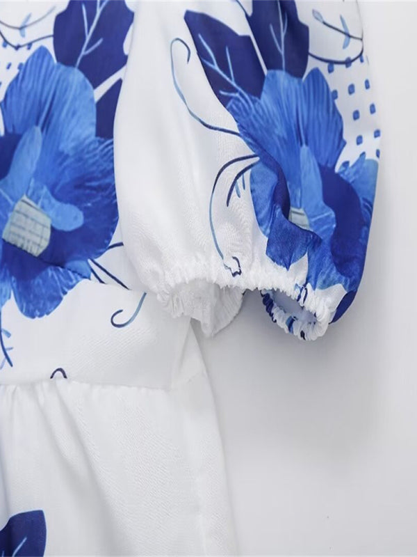 Women's irregular floral print V-neck short-sleeved bow-detailed lace-up shirt top