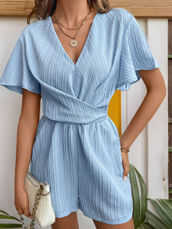 Women's Ruffle Sleeve Lace-up Casual Textured Jumpsuit