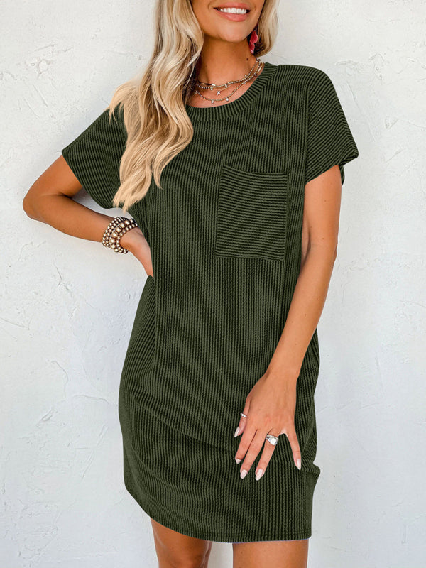 Casual contrasting wavy striped short-sleeved pocket dress