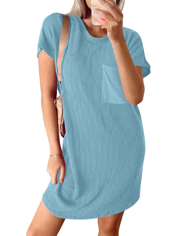 Casual contrasting wavy striped short-sleeved pocket dress