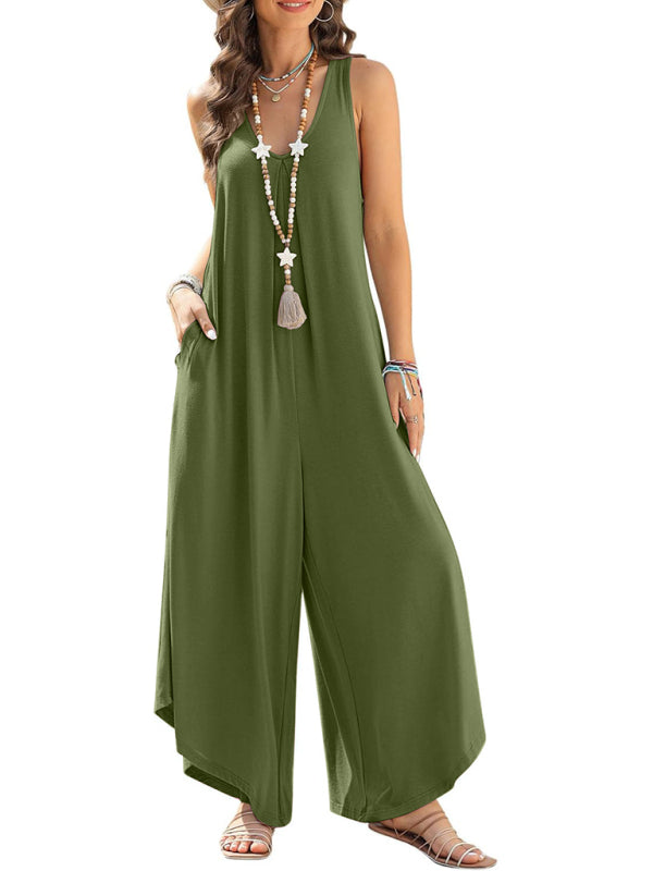 Casual sleeveless V-neck wide-leg jumpsuit with pockets