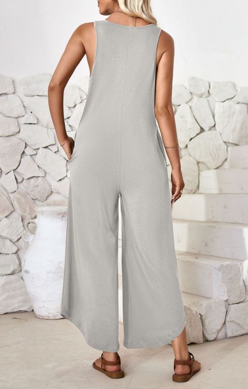 Casual sleeveless V-neck wide-leg jumpsuit with pockets