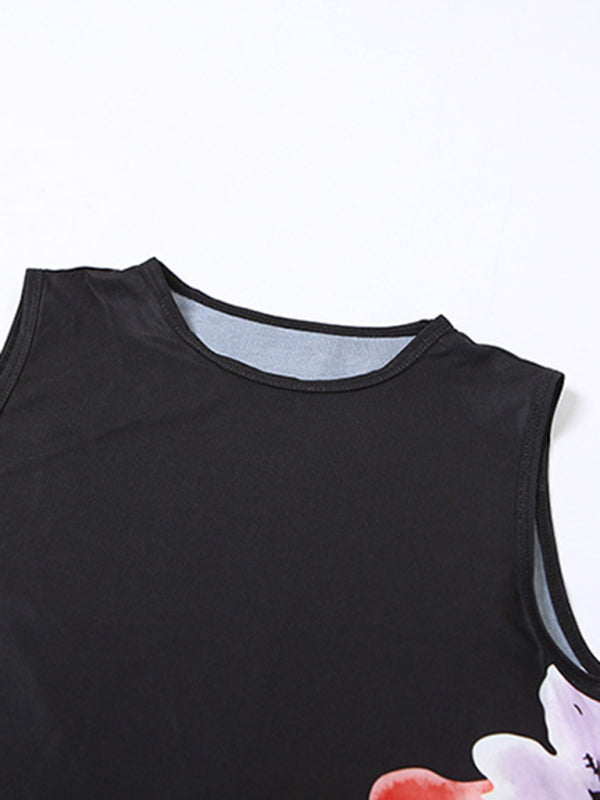 Women's sleeveless printed T-shirt slim fit hip-hugging slit skirt set