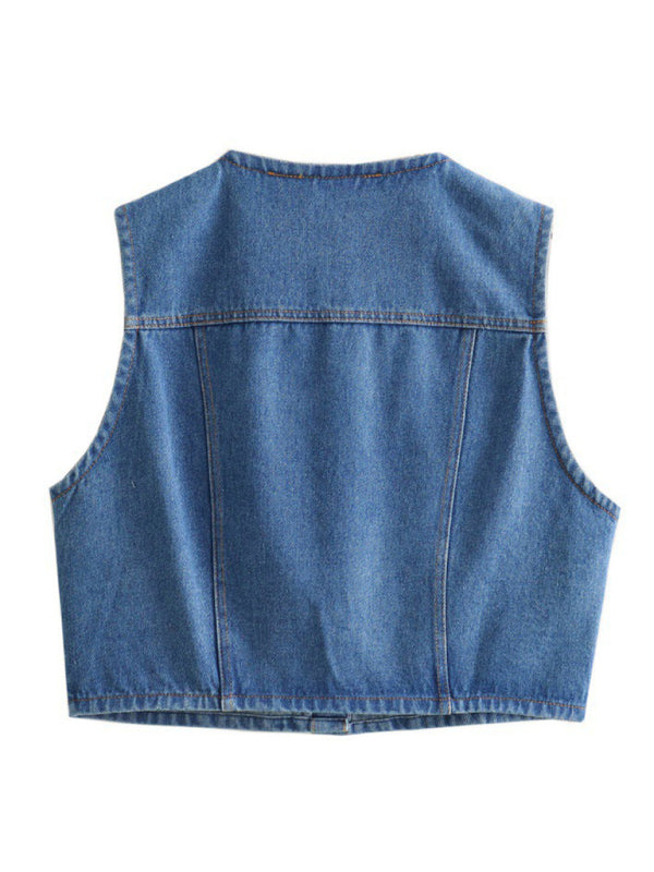 Women's versatile round neck single breasted pocket short vest