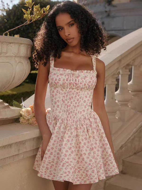 Floral print suspender waist dress